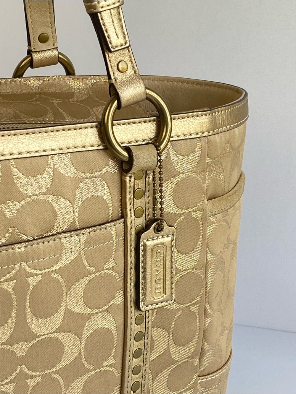 Coach Studded Signature Jacquard Gold Metallic Signature Tote with Suede Trim - Picture 3 of 17